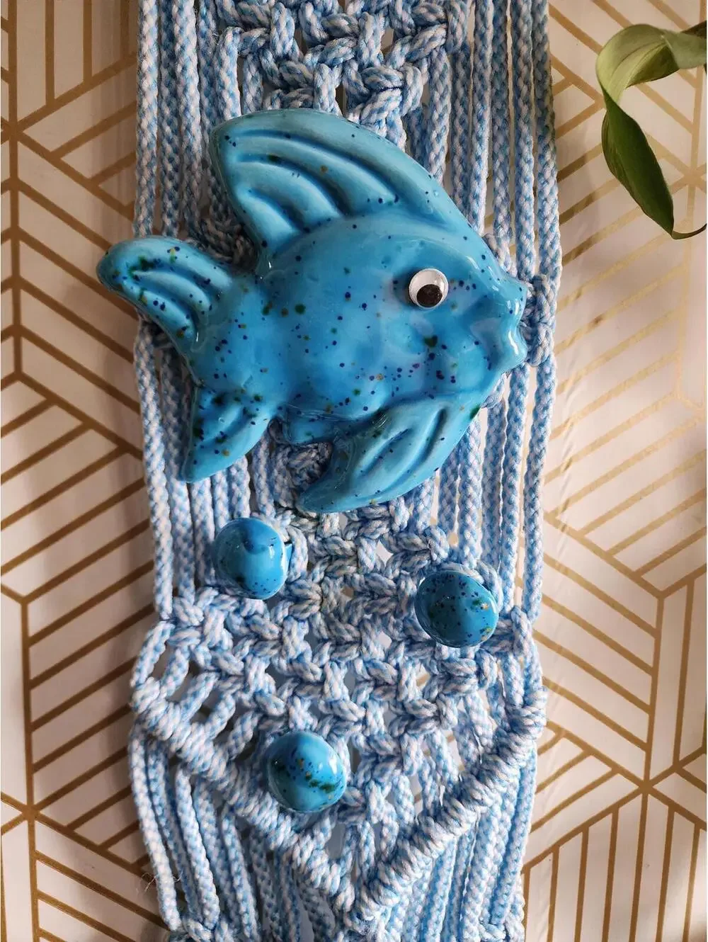 Vintage Atomic Retro Blue Macrame Hanging Towel Ring with Ceramic Blue Fish